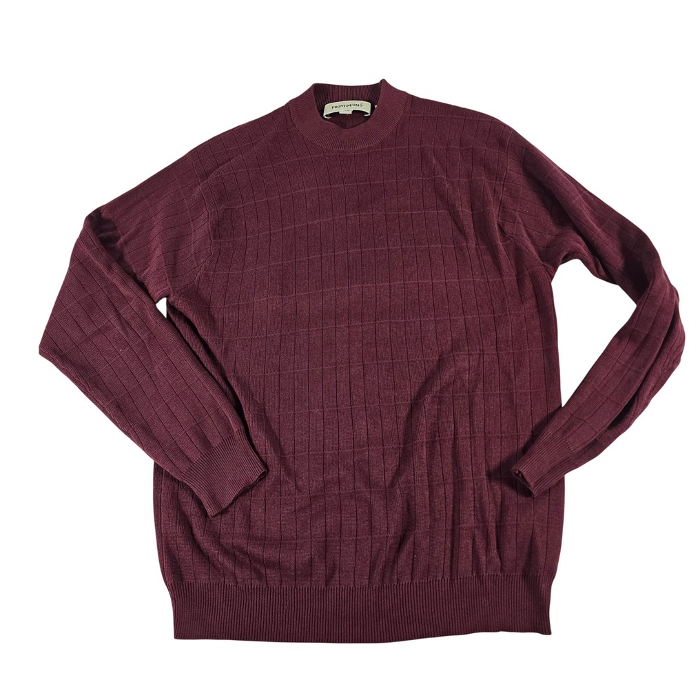 Pronto Uomo Mens Burgundy Silk Cotton Grid Textured Mock Neck Sweater Medium